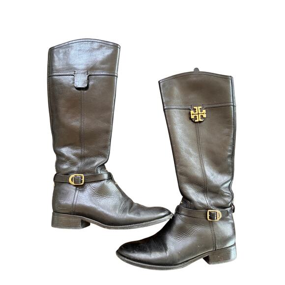 TORY BURCH Eloise Women's Boot US 8 Black Leather Zip Tall Riding Boots FLAW - Picture 1 of 13